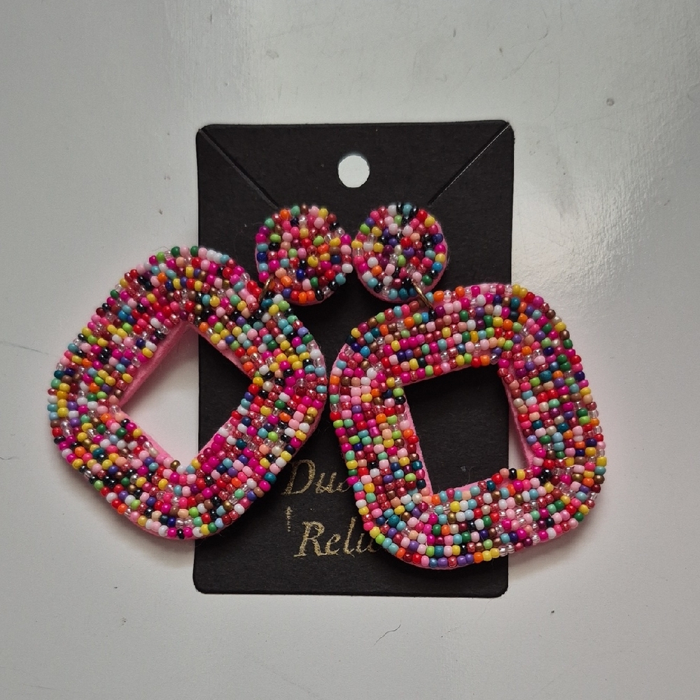 Beaded Earings Multi Color PINK Hoops